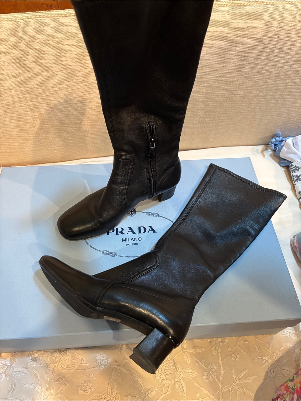 Prada Black Leather Mid-Calf Boots with Block Heel